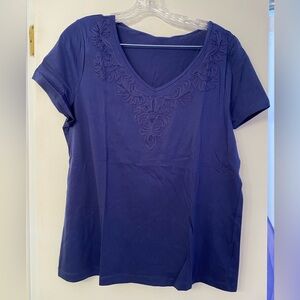 Talbots Short Sleeve Embroidered Tee; Navy Blue; 100% Cotton